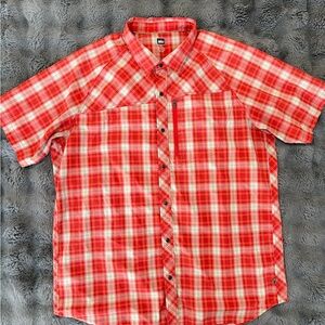 REI Shirt Mens Extra Large Red Orange Plaid Button Up Cotton Poly Hiking Outdoor